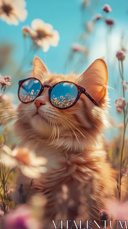 Orange Cat Wearing Sunglasses in Blooming Flower Field