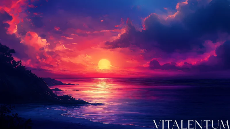 Neon dusk tide where magenta clouds kiss a burning sun.