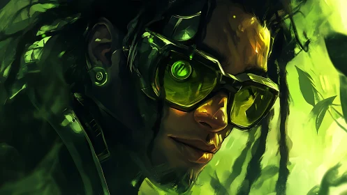Cyborg individual with augmented visor in green environment.