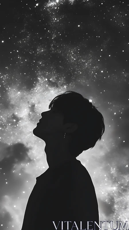 Silhouette of person in profile against dense star field.