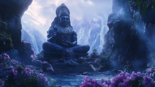 Colossal Shiva statue rendered in misty canyon with volumetric waterfalls
