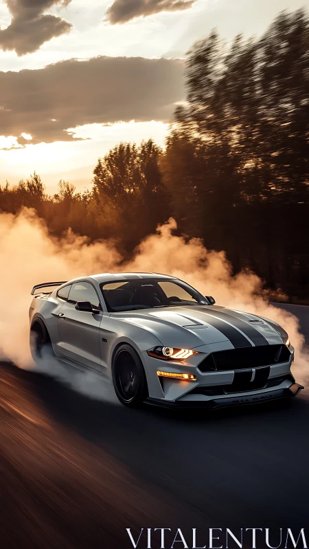 Photorealistic muscle car drift under cinematic sunset light.