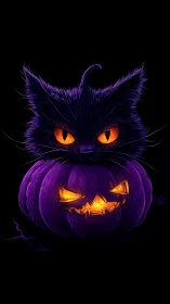 Neon-eyed black cat emerging from a glowing violet jack-o’-lantern