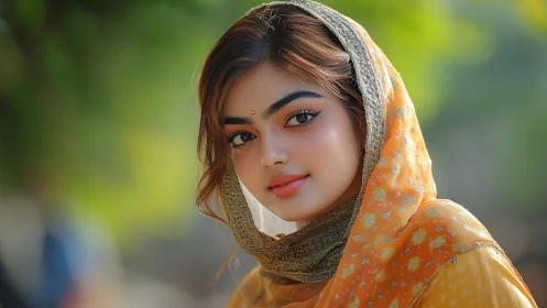 Sunlit saffron scarf cradles a softly luminous portrait