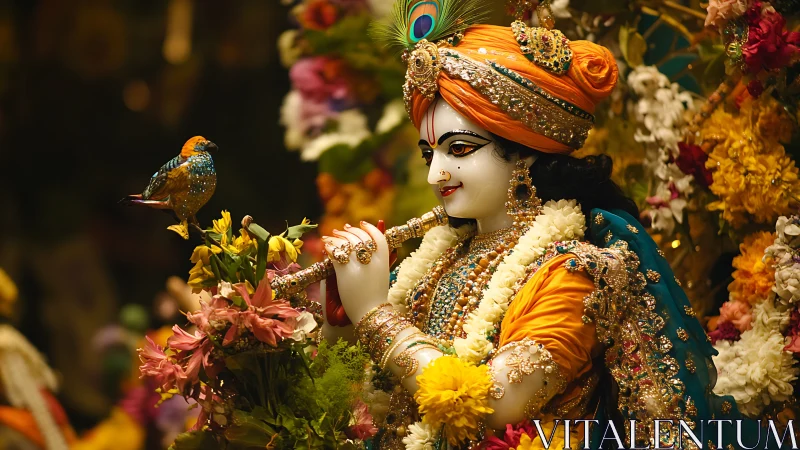 Ornate Krishna deity statue with flute, florals and songbird