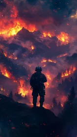 Firefighter Silhouette Facing Catastrophic Wildfire at Night