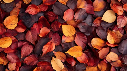 Autumn foliage ground layer with overlapping colorful leaves.