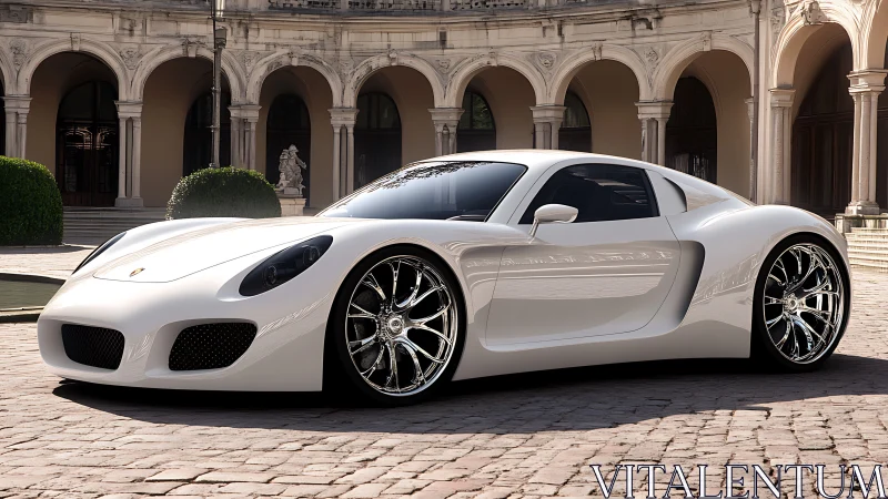 White sports coupe is parked on cobblestone in historic courtyard