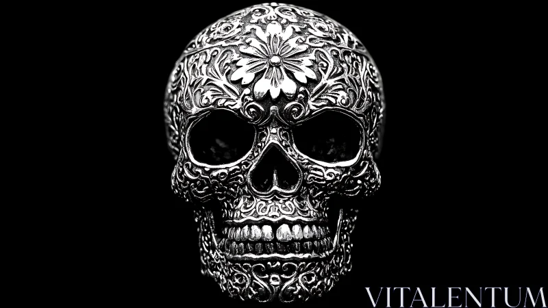 Baroque silver skull grins while filigree blooms across bone