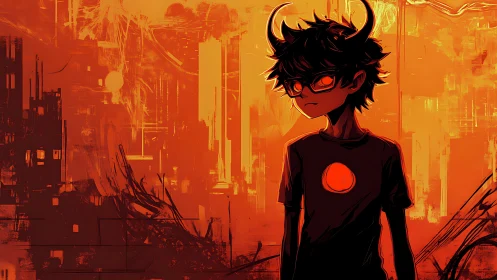 Horned boy silhouette against molten orange cityscape.