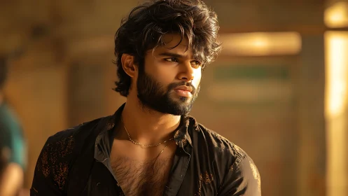 Cinematic portrait of bearded man under warm directional side lighting