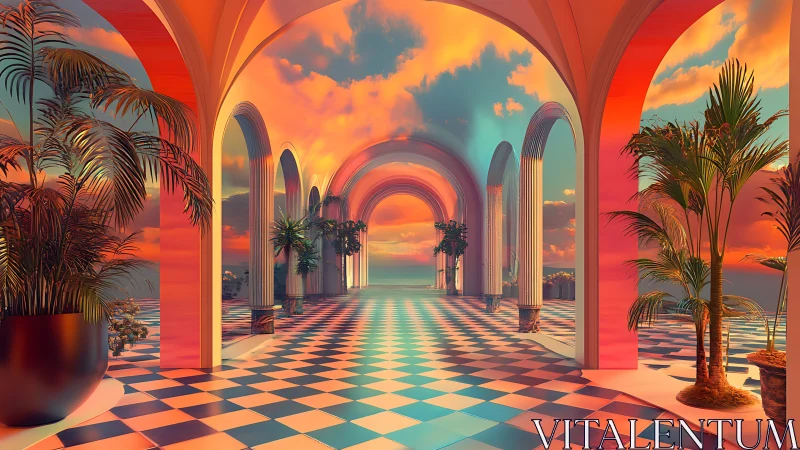 Sunset-illuminated neoclassical arcade with tiled floor and palms