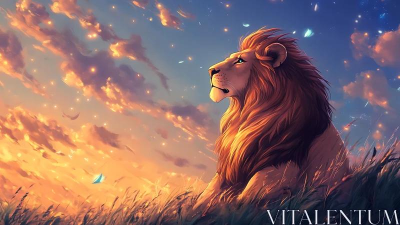 Lion profile against luminous sunset sky in tall grass field.