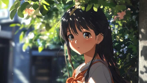 Schoolgirl stands under sunlit garden foliage in summer