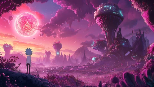 Celestial alien vista with silhouetted figure in neon dusk palette.