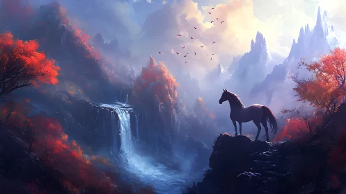 Solitary horse overlooks misty waterfall in crimson valley