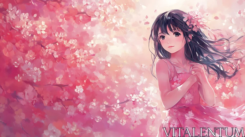 Girl stands among stylized pink blossoms in soft lighting