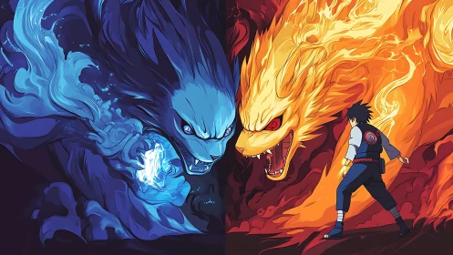 Elemental fox duel dividing blue water and fiery chakra.