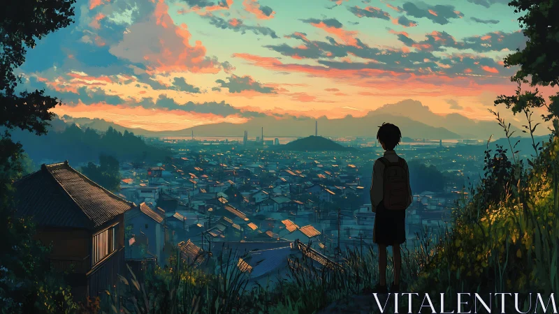 Solitary student overlooking sunlit suburban valley at dusk