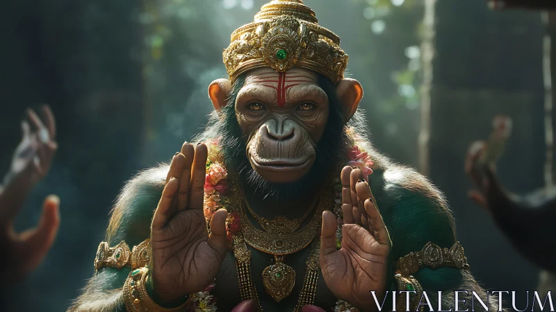 Sacred monkey deity raises calm blessing hands in jungle light