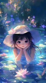 Gentle girl rests in a glowing lily pond under soft twilight