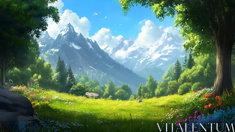 Sunlit mountain meadow opening onto bright alpine peaks.