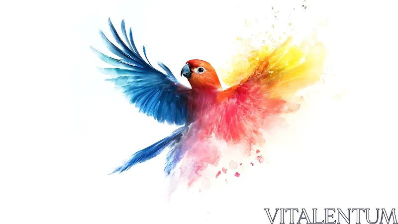 Color-splashed parrot bursts into flight in watercolor bloom.