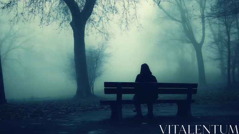 Solitary hooded figure on bench in foggy winter park.