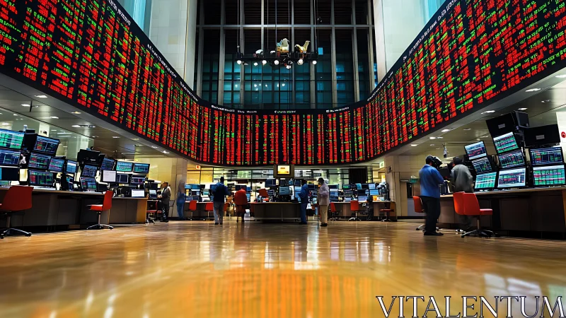 Global trading floor under curved stock ticker display.