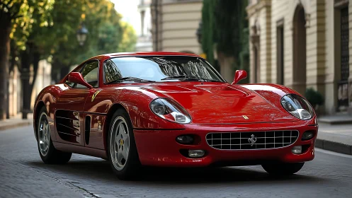 Scarlet Italian supercar poised on elegant city avenue.