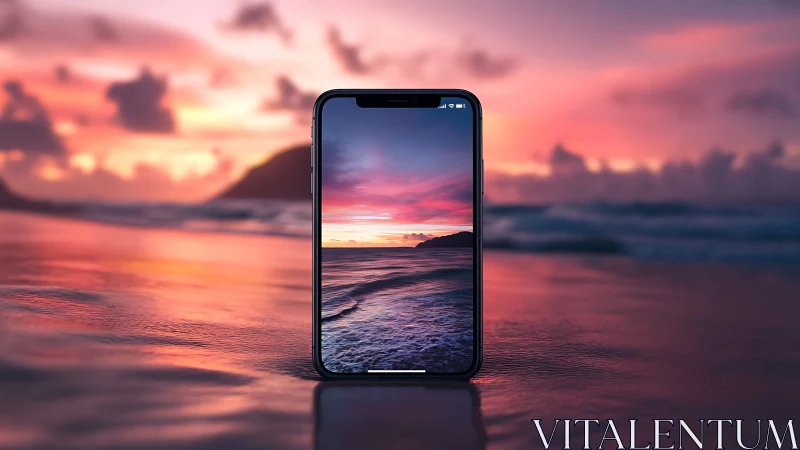 Smartphone on reflective beach with aligned sunset horizon.