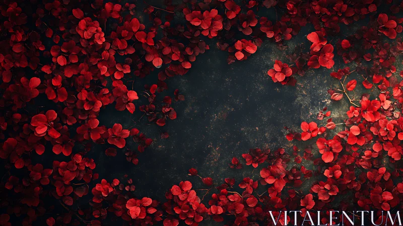 Red flowers frame dark textured background.