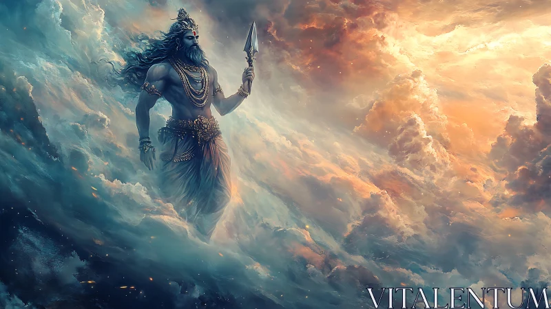 Mythic spear bearer strides through volumetric storm clouds