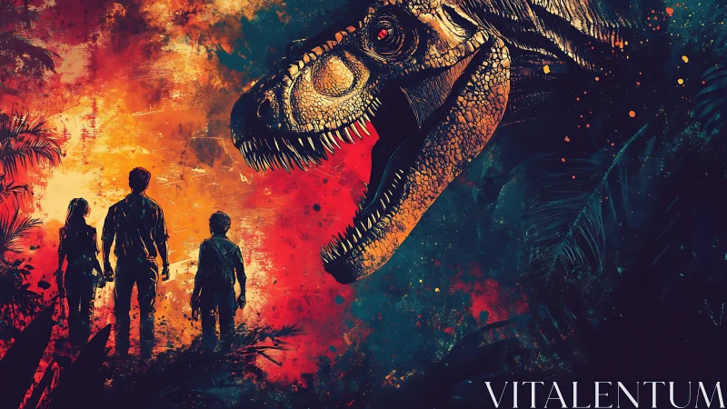 Silhouetted figures near large dinosaur head in jungle scene.