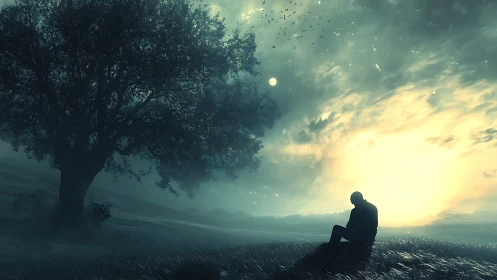 Solitary silhouette under tree in high-contrast dusk luminance.