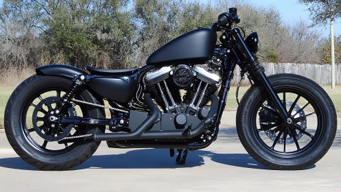 Matte black custom bobber motorcycle with low-slung stance.