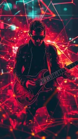 Neon cyberpunk guitarist in electric red city glow.