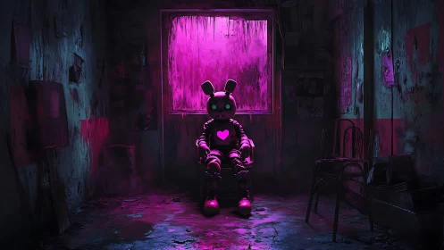 Robot bunny idol glows in neon heartlit ruin.