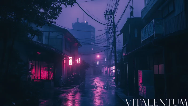 Rain slicked neon alley with overhead cables in misty twilight