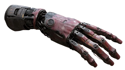 Weathered red cybernetic forearm with articulated servo fingers