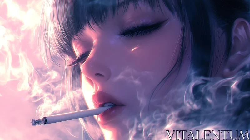 Woman smoking cigarette in soft neon colored digital portrait