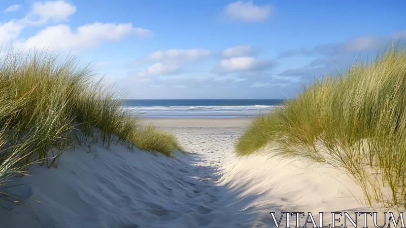 Sand path cuts through beach dunes toward distant shoreline.
