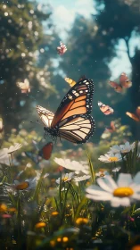 Monarch butterflies hovering over sunlit wildflower meadow.