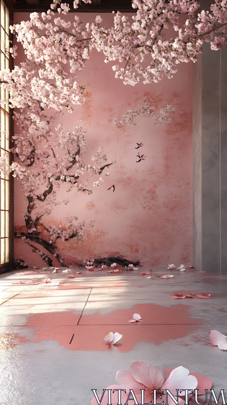 Blossom-draped zen chamber awash in soft sakura daylight.