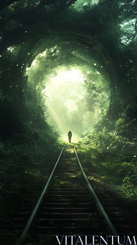Luminous forest tunnel overgrown along abandoned rail corridor.