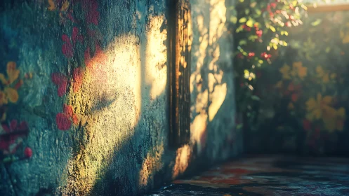Photorealistic floral wall with raking sunlight and shadows.