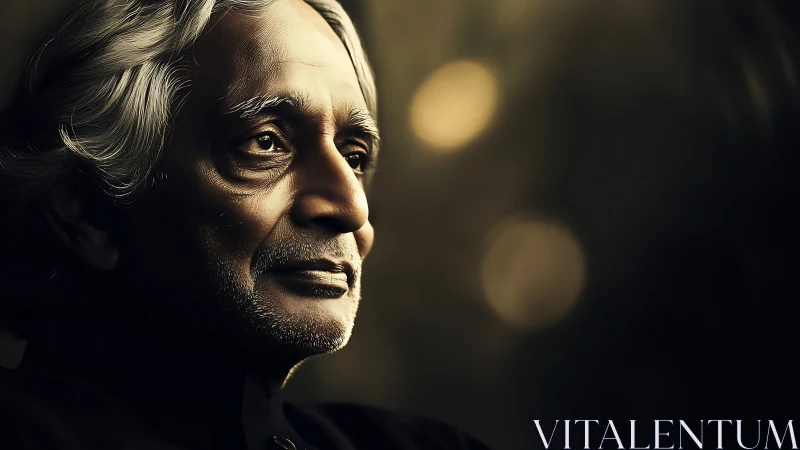 Photorealistic low-key portrait of elderly man in profile lighting.