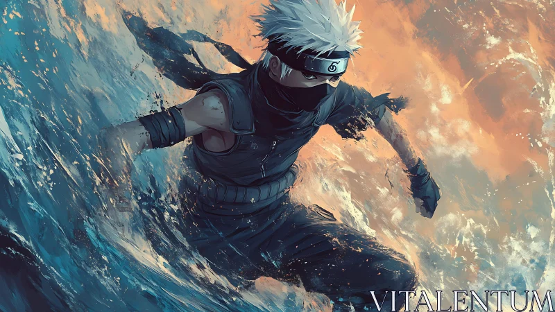 Dynamic masked warrior cutting through turbulent stylized water