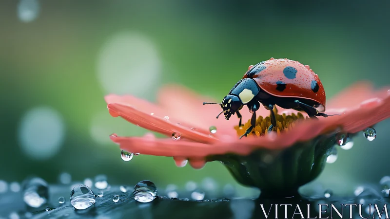 Ladybug poised on dewy petal in luminous macro still.