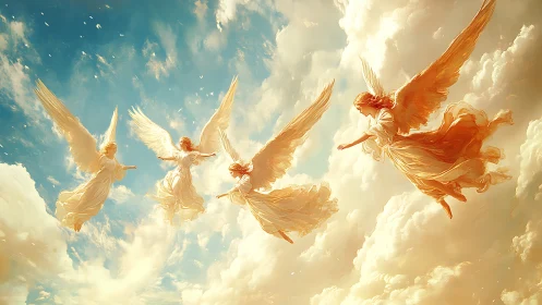 Four robed winged figures in bright clouded sky scene.